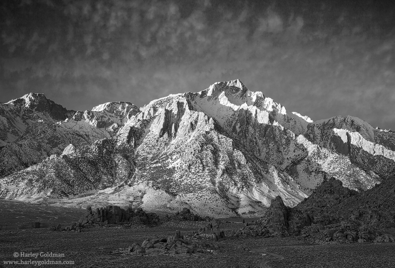 Early morning light dances on Lone Pine peak in the eastern Sierra Nevada mountains.