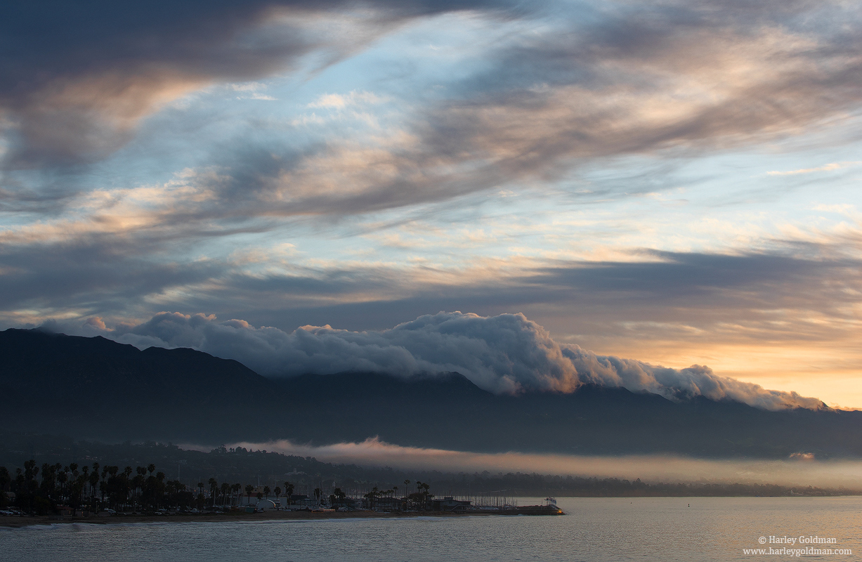 fog, santa barbara, harbor, coast, mountain