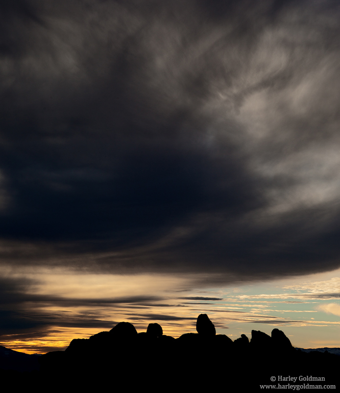 Sunset over the rock formations of the Alabama Hills.